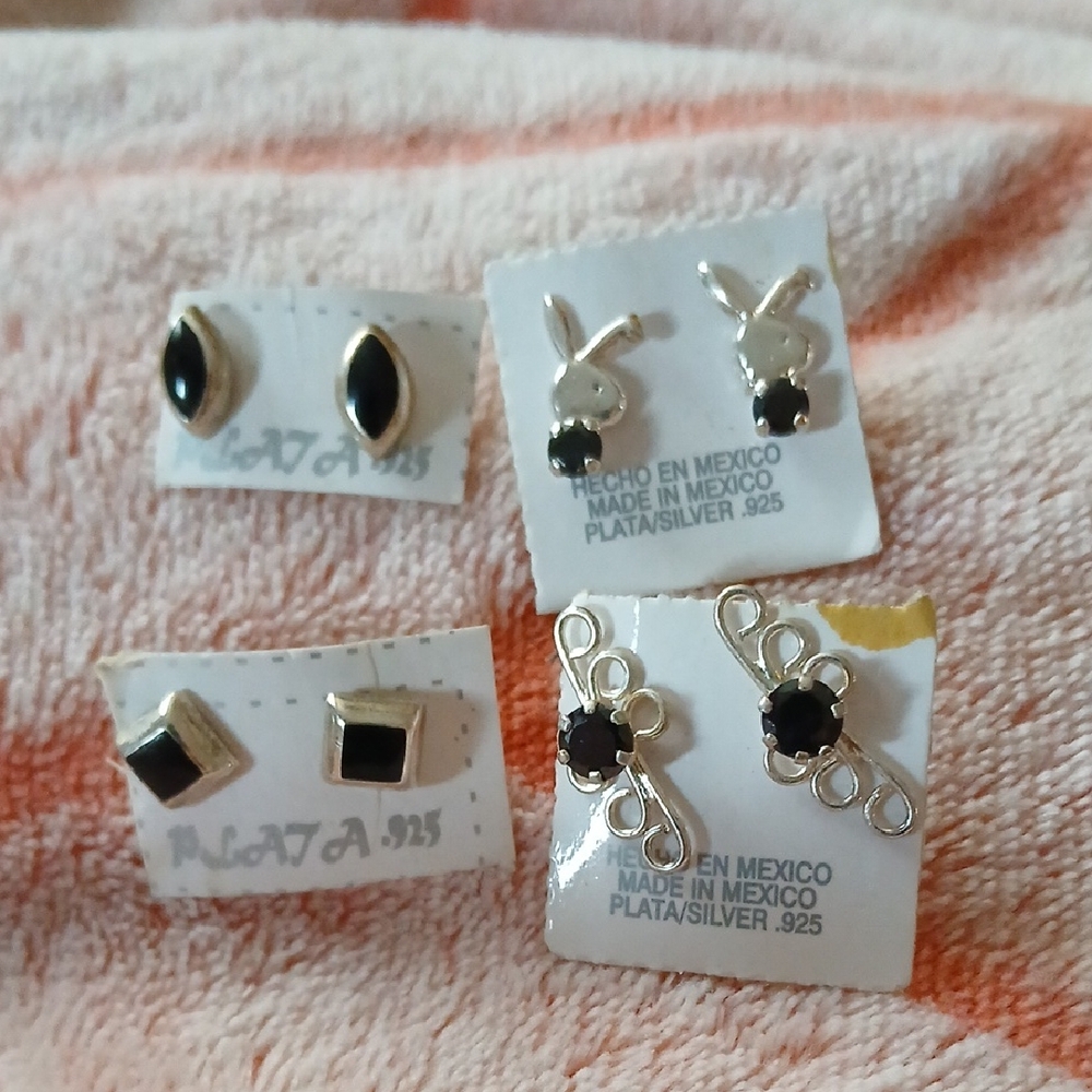 4 Silver and Black Stone Earrings Sets